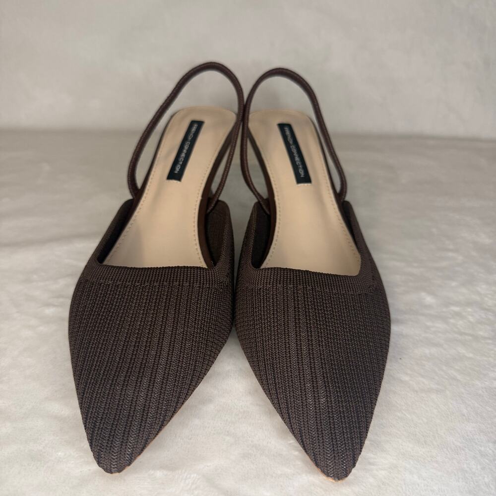 French Connection Coco Knit Pointed Toe Slingback Kitten Heels Brown Size 10